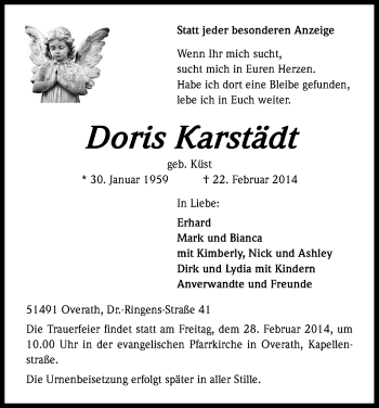 Anzeige von Doris Karstädt von Kölner Stadt-Anzeiger / Kölnische Rundschau / Express