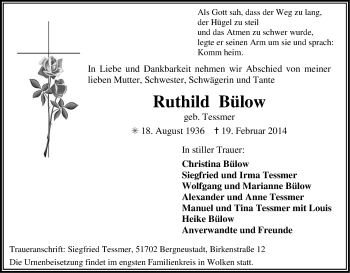 Anzeige von Ruthild Bülow von Kölner Stadt-Anzeiger / Kölnische Rundschau / Express