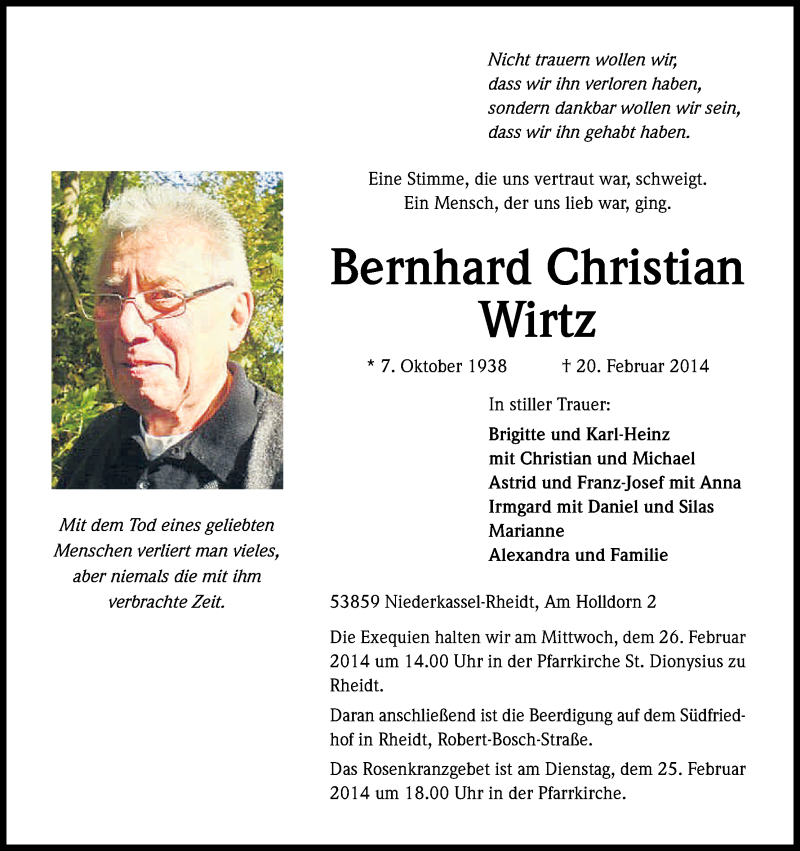  Traueranzeige für Bernhard Christian Wirtz vom 25.02.2014 aus Kölner Stadt-Anzeiger / Kölnische Rundschau / Express