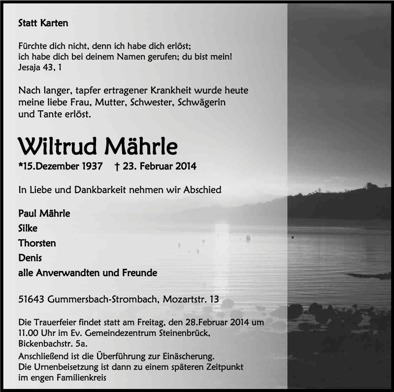  Traueranzeige für Wiltrud Mährle vom 25.02.2014 aus Kölner Stadt-Anzeiger / Kölnische Rundschau / Express
