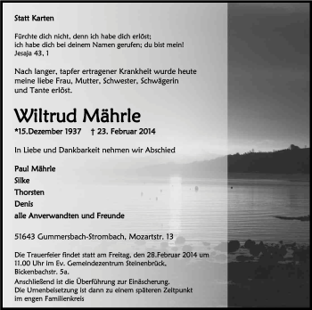 Anzeige von Wiltrud Mährle von Kölner Stadt-Anzeiger / Kölnische Rundschau / Express