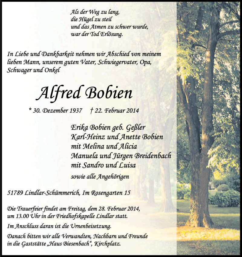  Traueranzeige für Alfred Bobien vom 25.02.2014 aus Kölner Stadt-Anzeiger / Kölnische Rundschau / Express