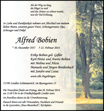Anzeige von Alfred Bobien von Kölner Stadt-Anzeiger / Kölnische Rundschau / Express