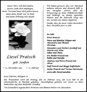 Anzeige von Liesel Pratsch von Kölner Stadt-Anzeiger / Kölnische Rundschau / Express