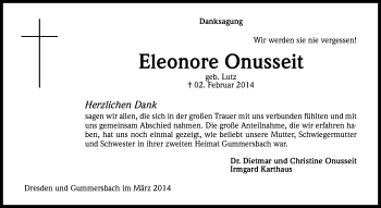 Anzeige von Eleonore Onusseit von Kölner Stadt-Anzeiger / Kölnische Rundschau / Express
