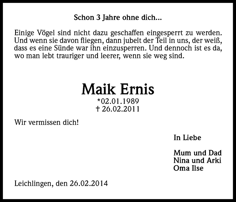  Traueranzeige für Maik Ernis vom 26.02.2014 aus Kölner Stadt-Anzeiger / Kölnische Rundschau / Express