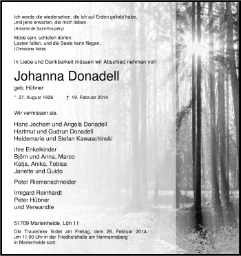 Anzeige von Johanna Donadell von Kölner Stadt-Anzeiger / Kölnische Rundschau / Express