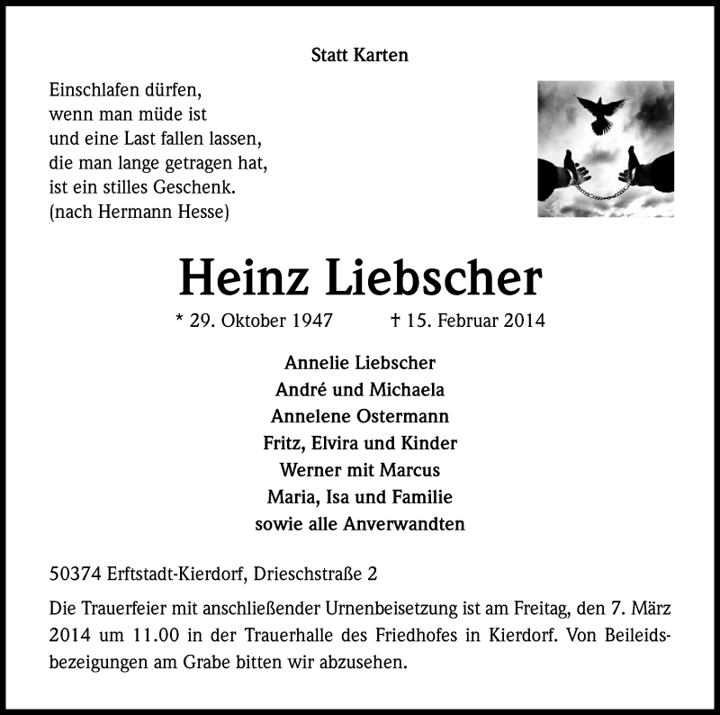  Traueranzeige für Heinz Liebscher vom 01.03.2014 aus Kölner Stadt-Anzeiger / Kölnische Rundschau / Express