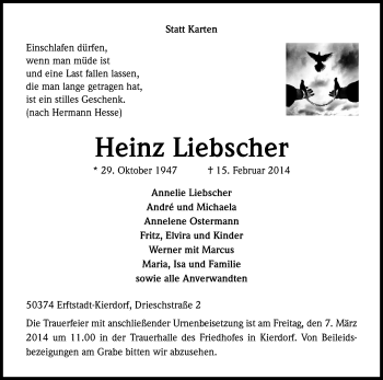 Anzeige von Heinz Liebscher von Kölner Stadt-Anzeiger / Kölnische Rundschau / Express