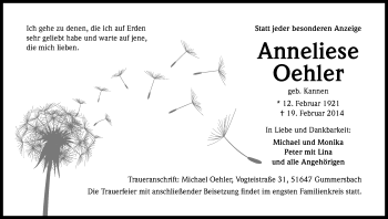 Anzeige von Anneliese Oehler von Kölner Stadt-Anzeiger / Kölnische Rundschau / Express