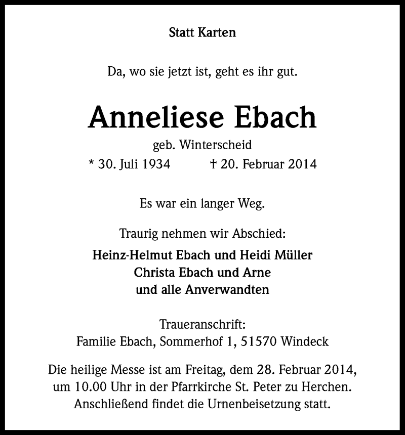  Traueranzeige für Anneliese Ebach vom 25.02.2014 aus Kölner Stadt-Anzeiger / Kölnische Rundschau / Express