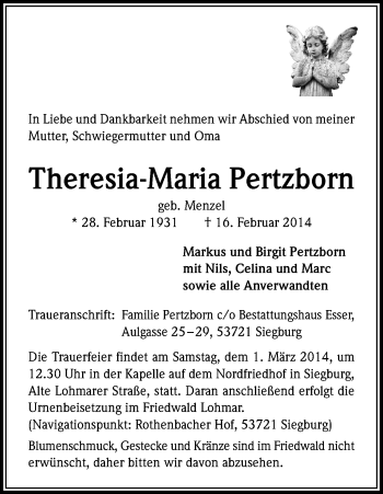 Anzeige von Theresia Maria Pertzborn von Kölner Stadt-Anzeiger / Kölnische Rundschau / Express