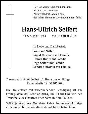 Anzeige von Hans-Ullrich Seifert von Kölner Stadt-Anzeiger / Kölnische Rundschau / Express