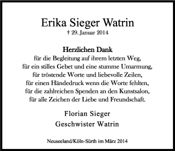 Anzeige von Erika Sieger Watrin von Kölner Stadt-Anzeiger / Kölnische Rundschau / Express