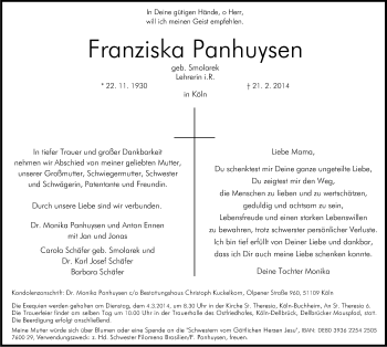 Anzeige von Franziska Panhuysen von Kölner Stadt-Anzeiger / Kölnische Rundschau / Express