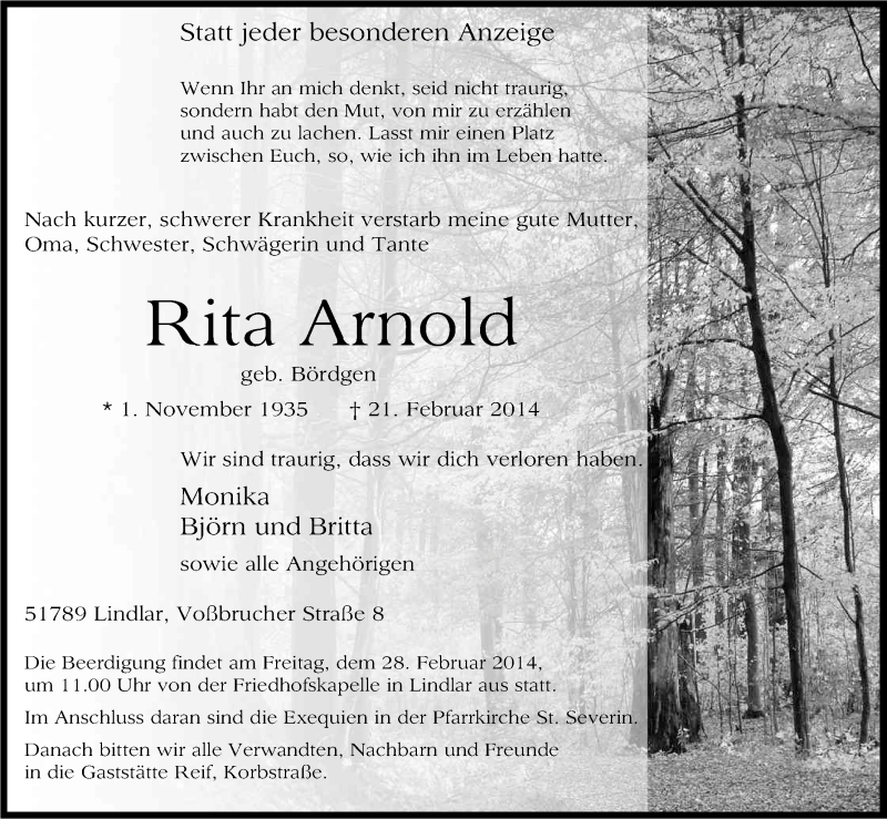  Traueranzeige für Rita Arnold vom 25.02.2014 aus Kölner Stadt-Anzeiger / Kölnische Rundschau / Express