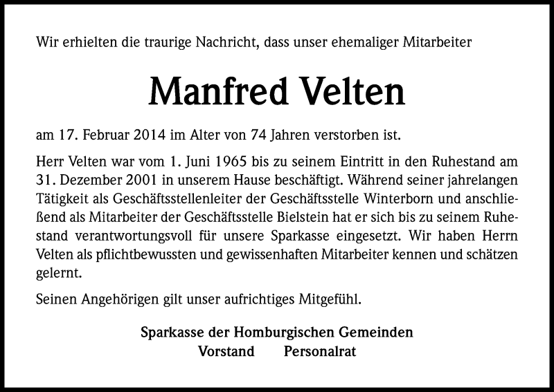  Traueranzeige für Manfred Velten vom 25.02.2014 aus Kölner Stadt-Anzeiger / Kölnische Rundschau / Express