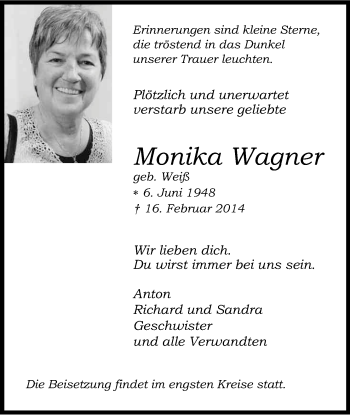 Anzeige von Monika Wagner von Kölner Stadt-Anzeiger / Kölnische Rundschau / Express