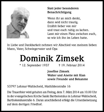 Anzeige von Dominik Zimsek von Kölner Stadt-Anzeiger / Kölnische Rundschau / Express