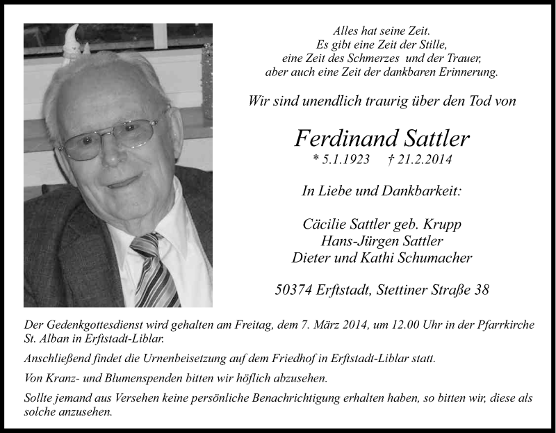  Traueranzeige für Ferdinand Sattler vom 01.03.2014 aus Kölner Stadt-Anzeiger / Kölnische Rundschau / Express