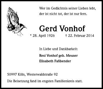 Anzeige von Gerd Vonhof von Kölner Stadt-Anzeiger / Kölnische Rundschau / Express