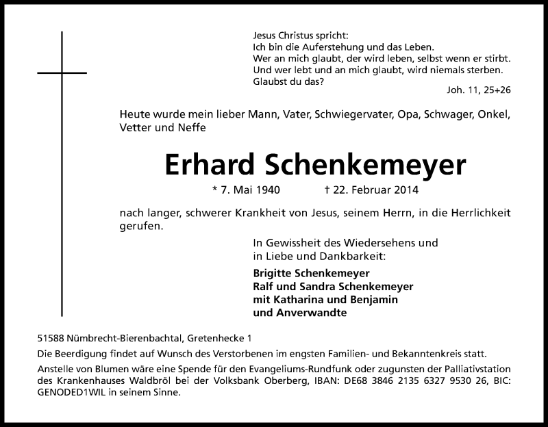  Traueranzeige für Erhard Schenkemeyer vom 26.02.2014 aus Kölner Stadt-Anzeiger / Kölnische Rundschau / Express