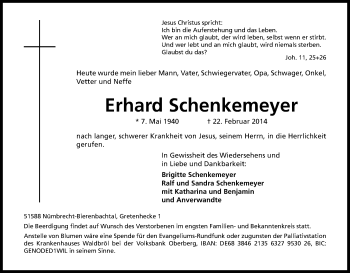 Anzeige von Erhard Schenkemeyer von Kölner Stadt-Anzeiger / Kölnische Rundschau / Express