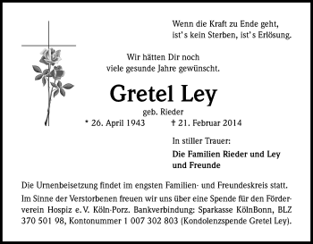 Anzeige von Gretel Ley von Kölner Stadt-Anzeiger / Kölnische Rundschau / Express