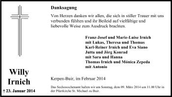 Anzeige von Willy Irnich von Kölner Stadt-Anzeiger / Kölnische Rundschau / Express