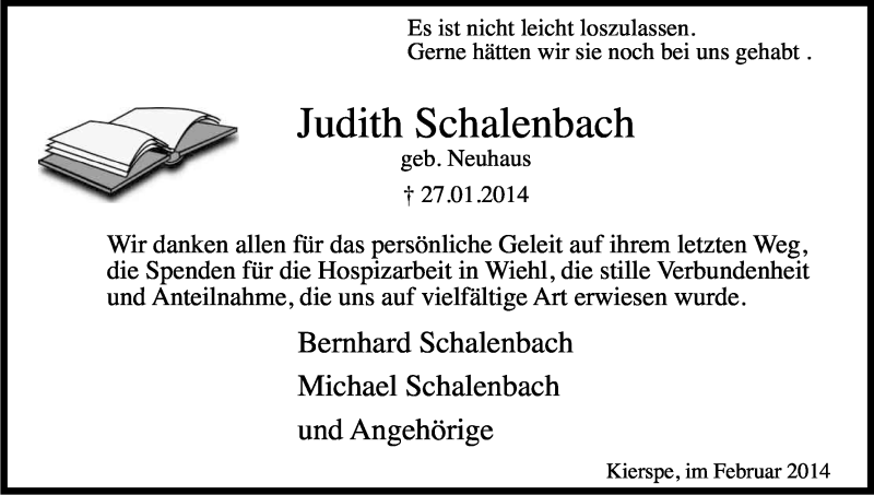  Traueranzeige für Judith Schalenbach vom 26.02.2014 aus Kölner Stadt-Anzeiger / Kölnische Rundschau / Express
