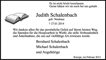 Anzeige von Judith Schalenbach von Kölner Stadt-Anzeiger / Kölnische Rundschau / Express