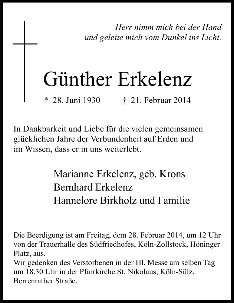  Traueranzeige für Günther Erkelenz vom 26.02.2014 aus Kölner Stadt-Anzeiger / Kölnische Rundschau / Express