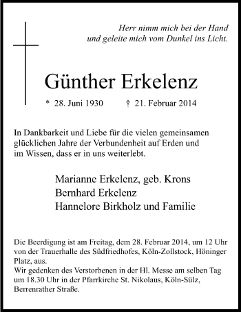 Anzeige von Günther Erkelenz von Kölner Stadt-Anzeiger / Kölnische Rundschau / Express