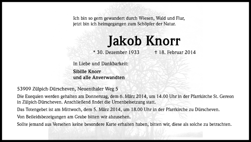  Traueranzeige für Jakob Knorr vom 01.03.2014 aus Kölner Stadt-Anzeiger / Kölnische Rundschau / Express