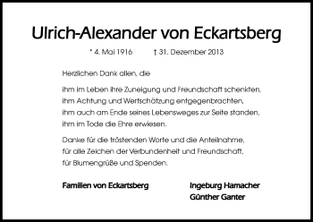 Anzeige von Ulrich-Alexander von Eckartsberg von Kölner Stadt-Anzeiger / Kölnische Rundschau / Express