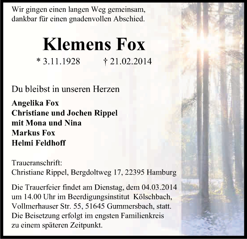  Traueranzeige für Klemens Fox vom 01.03.2014 aus Kölner Stadt-Anzeiger / Kölnische Rundschau / Express