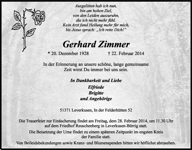  Traueranzeige für Gerhard Zimmer vom 26.02.2014 aus Kölner Stadt-Anzeiger / Kölnische Rundschau / Express