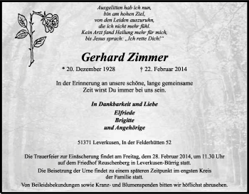 Anzeige von Gerhard Zimmer von Kölner Stadt-Anzeiger / Kölnische Rundschau / Express
