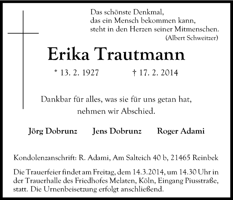  Traueranzeige für Erika Trautmann vom 28.02.2014 aus Kölner Stadt-Anzeiger / Kölnische Rundschau / Express