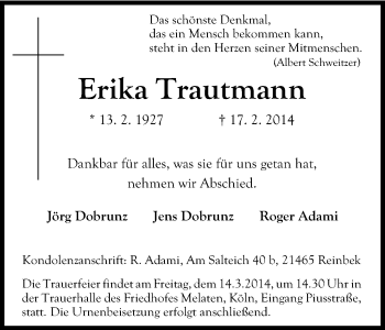 Anzeige von Erika Trautmann von Kölner Stadt-Anzeiger / Kölnische Rundschau / Express