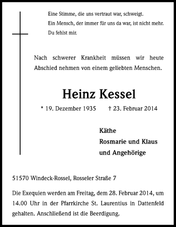Anzeige von Heinz Kessel von Kölner Stadt-Anzeiger / Kölnische Rundschau / Express