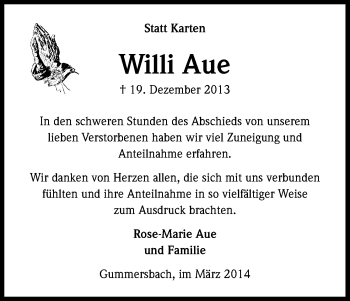 Anzeige von Willi Aue von Kölner Stadt-Anzeiger / Kölnische Rundschau / Express