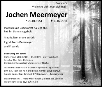 Anzeige von Jochen Meermeyer von Kölner Stadt-Anzeiger / Kölnische Rundschau / Express