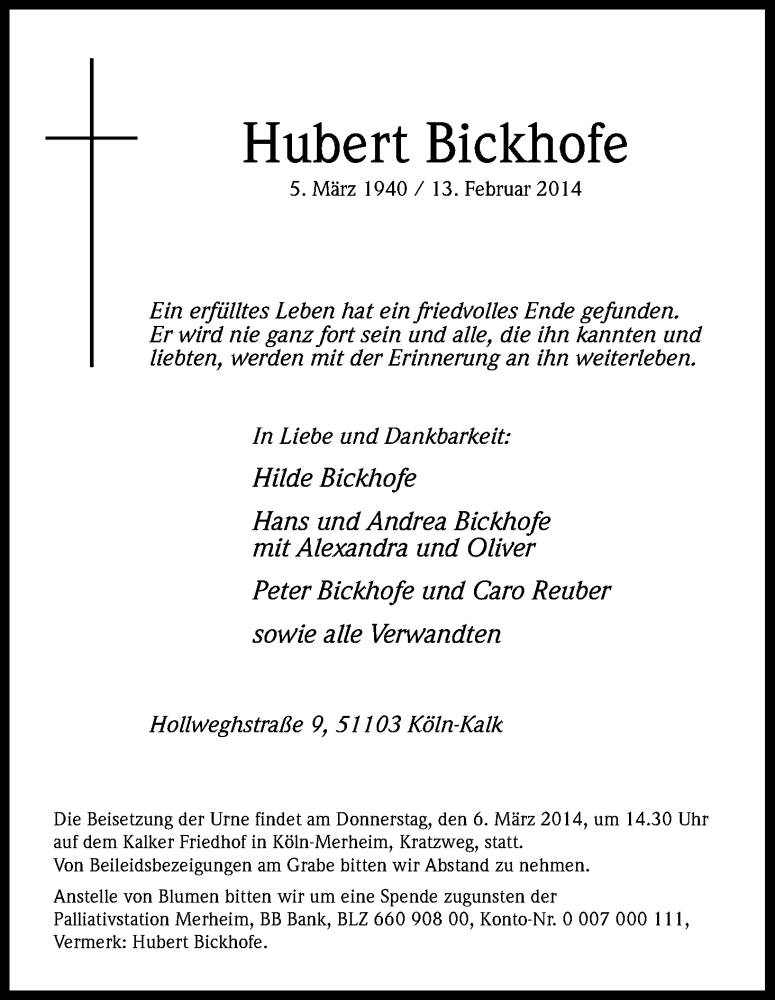  Traueranzeige für Hubert Bickhofe vom 01.03.2014 aus Kölner Stadt-Anzeiger / Kölnische Rundschau / Express