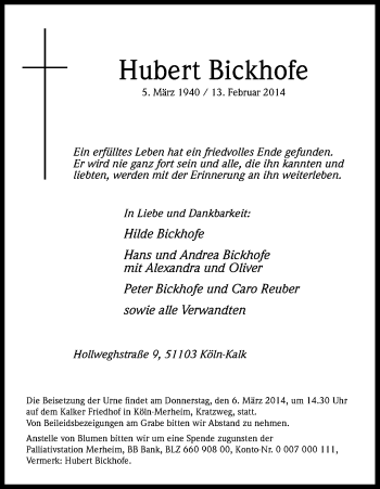 Anzeige von Hubert Bickhofe von Kölner Stadt-Anzeiger / Kölnische Rundschau / Express