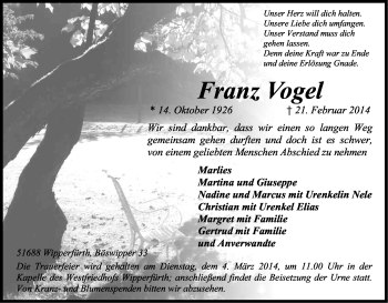 Anzeige von Franz Vogel von Kölner Stadt-Anzeiger / Kölnische Rundschau / Express