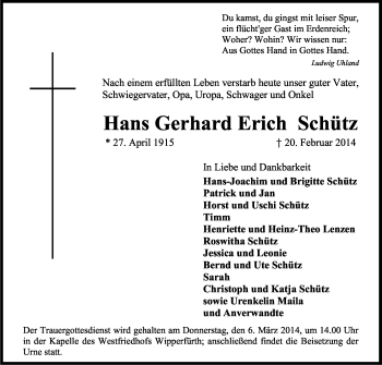 Anzeige von Hans Gerhard Erich Schütz von Kölner Stadt-Anzeiger / Kölnische Rundschau / Express