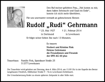 Anzeige von Rudolf Gehrmann von Kölner Stadt-Anzeiger / Kölnische Rundschau / Express