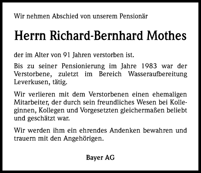  Traueranzeige für Richard-Bernhard Mothes vom 28.02.2014 aus Kölner Stadt-Anzeiger / Kölnische Rundschau / Express