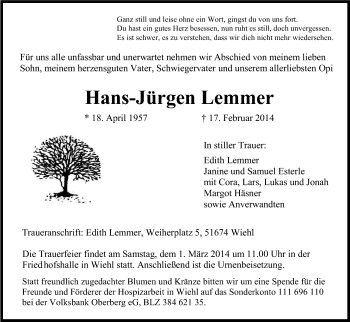 Anzeige von Hans-Jürgen Lemmer von Kölner Stadt-Anzeiger / Kölnische Rundschau / Express